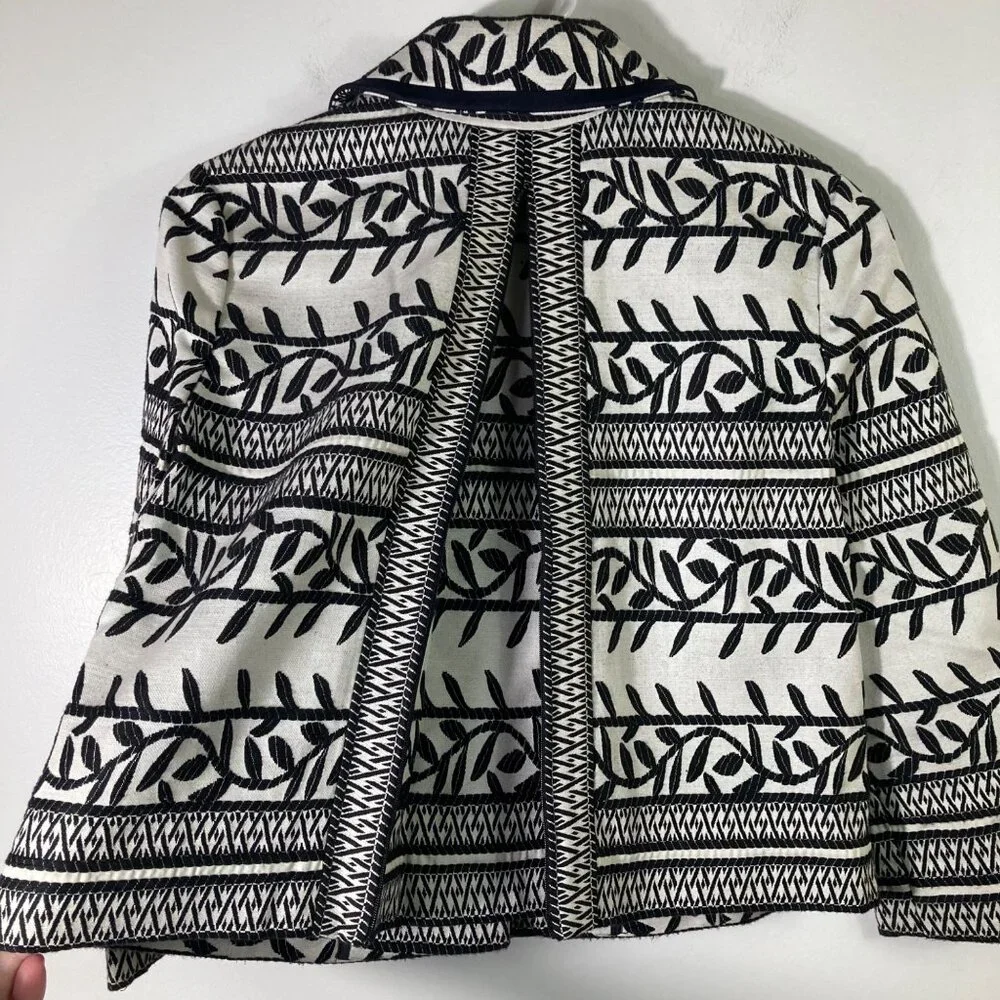 Womens Tory Burch Woven Cotton Floral Aztec Jacket Black Cream 0‎